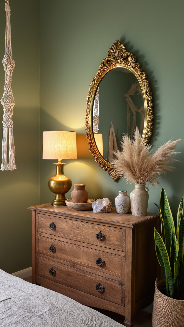 Boho vanity at dusk with brass mirror, ceramic lamp, crystals, pampas grass, and macramé hangers against sage green wall.