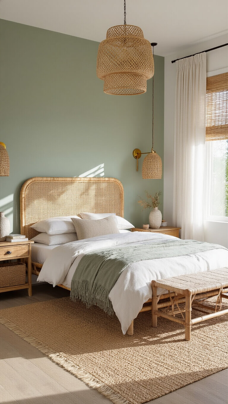 Boho bedroom with rattan bed, vintage nightstands, layered lighting, and natural textures in a bright, airy space.