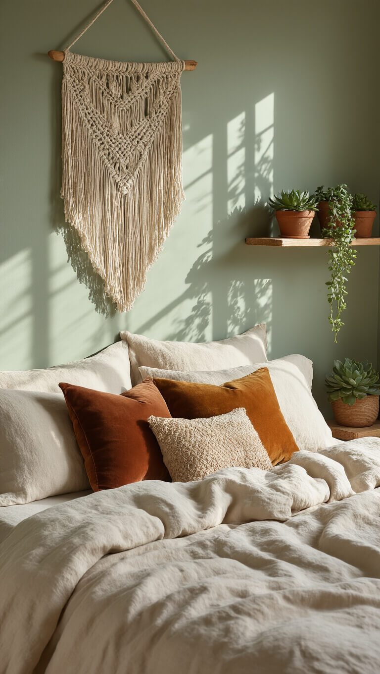 Boho-style bed with rumpled ivory linen bedding, earth-tone pillows, macramé wall hanging, and succulents on a wooden shelf against sage green walls in natural morning light.