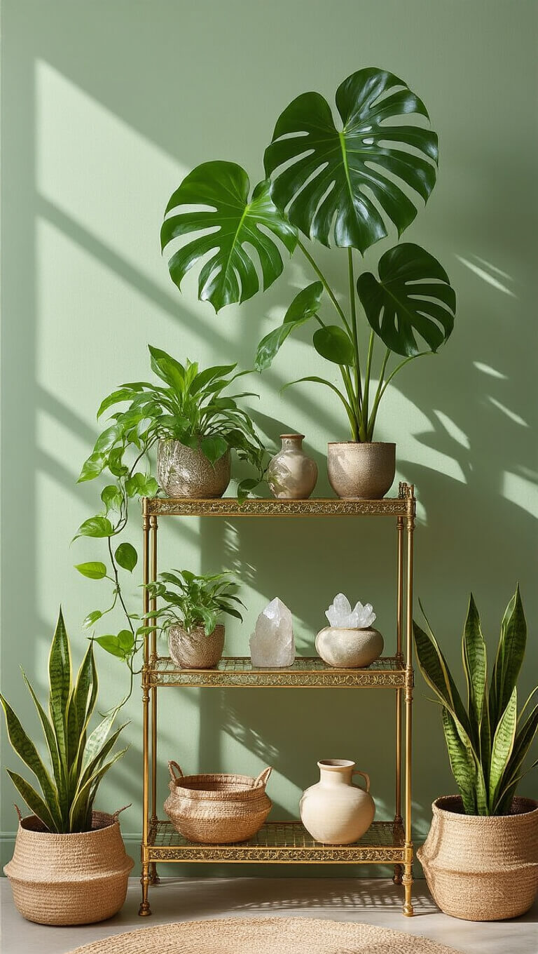 Corner vignette with Monstera deliciosa casting shadows, surrounded by pothos and snake plants; vintage brass étagère holds trailing plants, ceramics, and crystals; woven baskets and ceramic planter add texture; sage green walls and soft afternoon light enhance depth.
