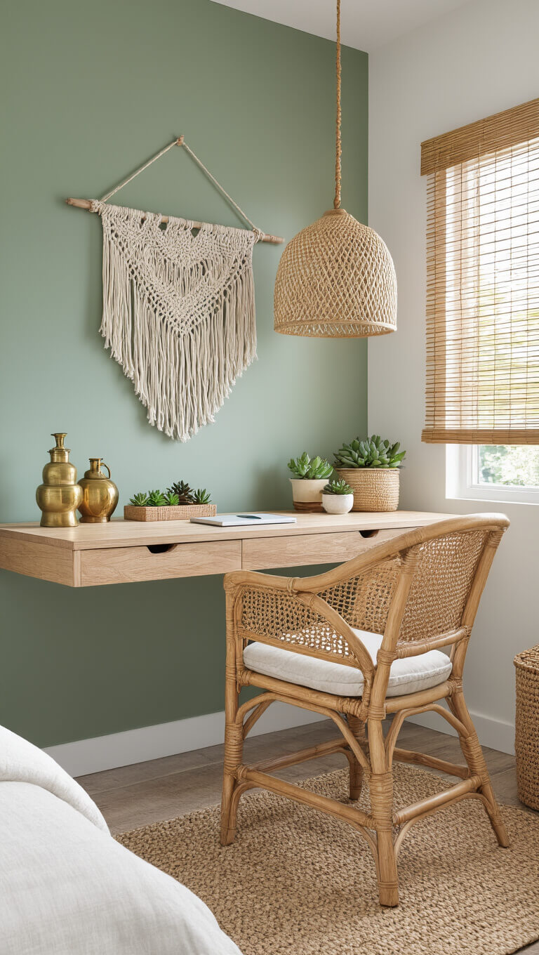 Bohemian bedroom workspace with floating wooden desk, rattan chair, woven pendant lamp, and sage green accent wall, styled with succulents, vintage brass decor, macramé hanging, bamboo blinds, and jute rug.