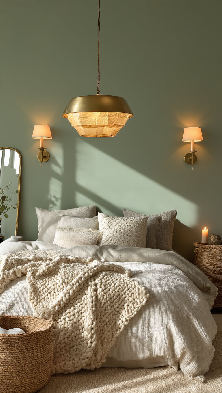 Cozy twilight bedroom with layered lighting; warm pendant lamp casts geometric shadows, brass sconces illuminate sage green walls, and candlelight glows near vintage mirrors and textured decor.