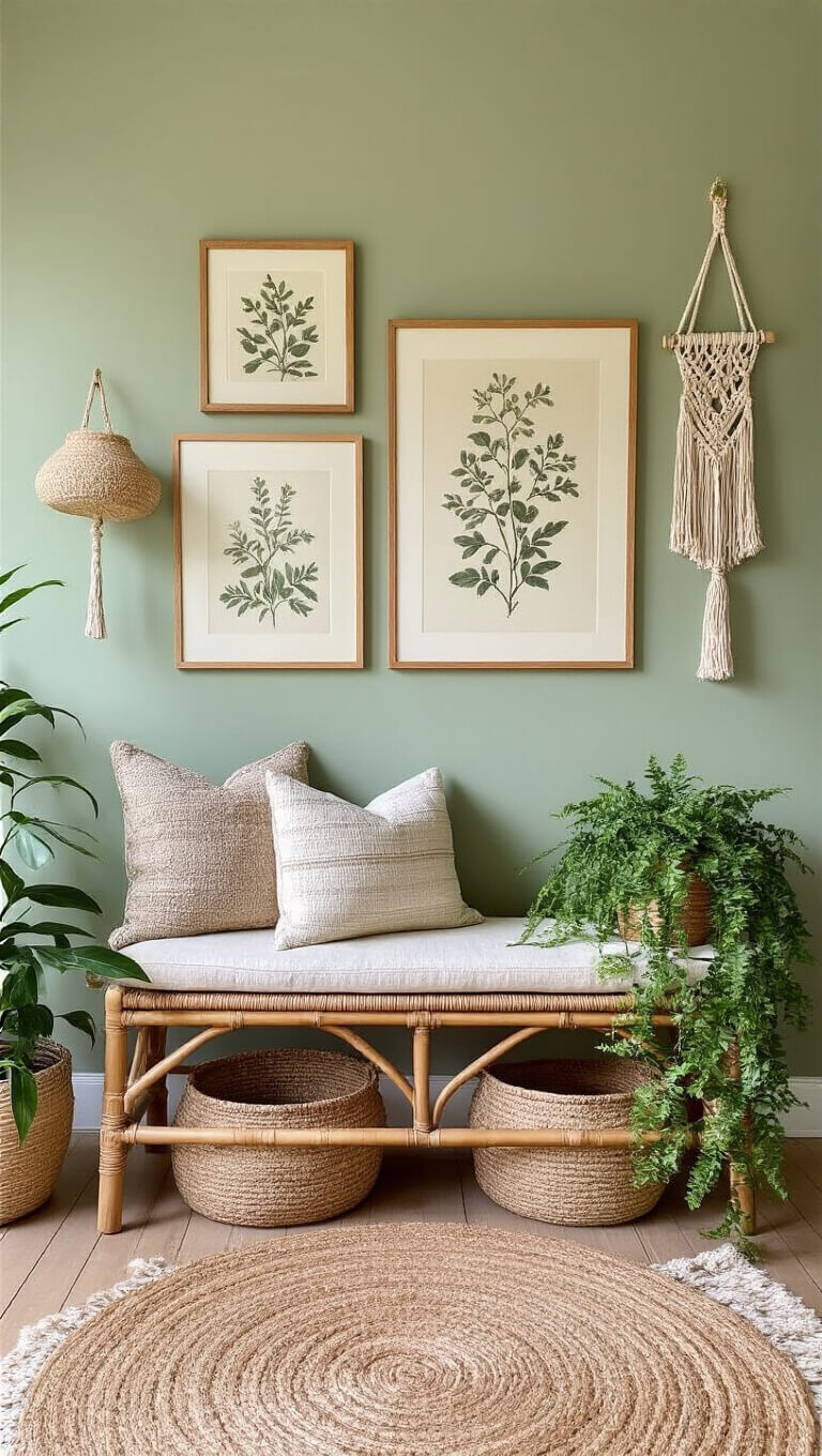 Symmetrical bedroom entrance with sage green gallery wall, vintage botanical prints, macramé, woven baskets, bamboo bench, kilim cushions, and trailing plants in bright natural light.
