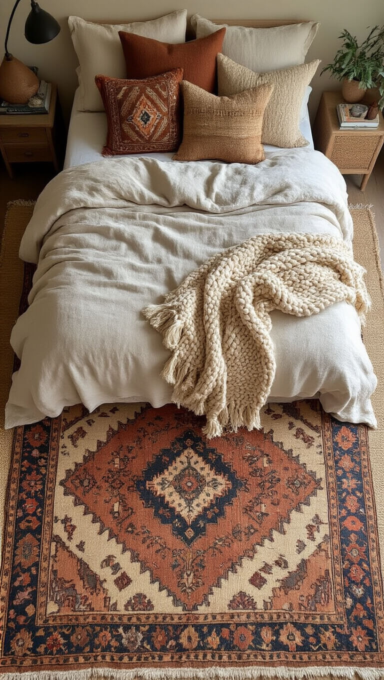 Boho bedroom with layered rugs and textured bedding in earth tones, shot from above to show fabric patterns and materials.
