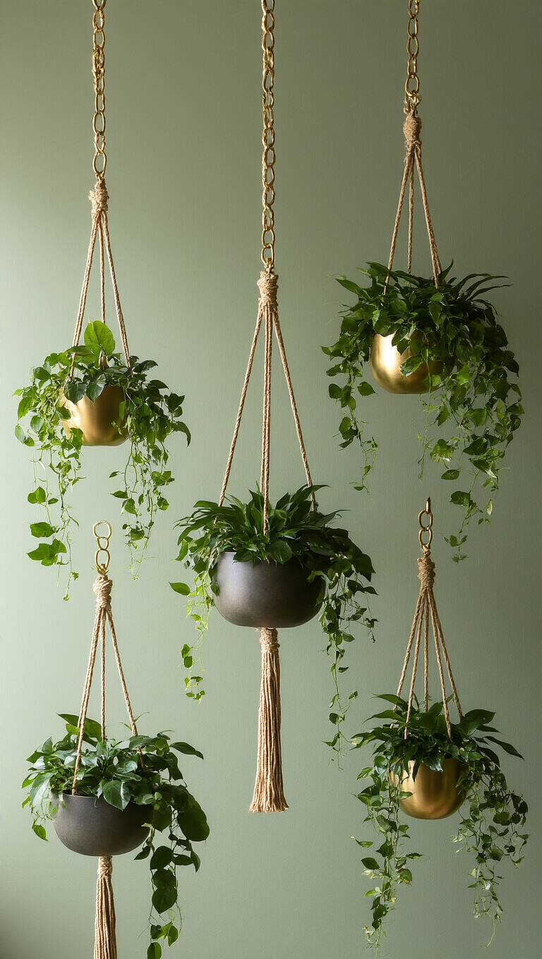 Vertical garden with hanging planters at varying heights against sage green walls, featuring trailing plants, brass chains, and ropes, dramatically uplit from below.