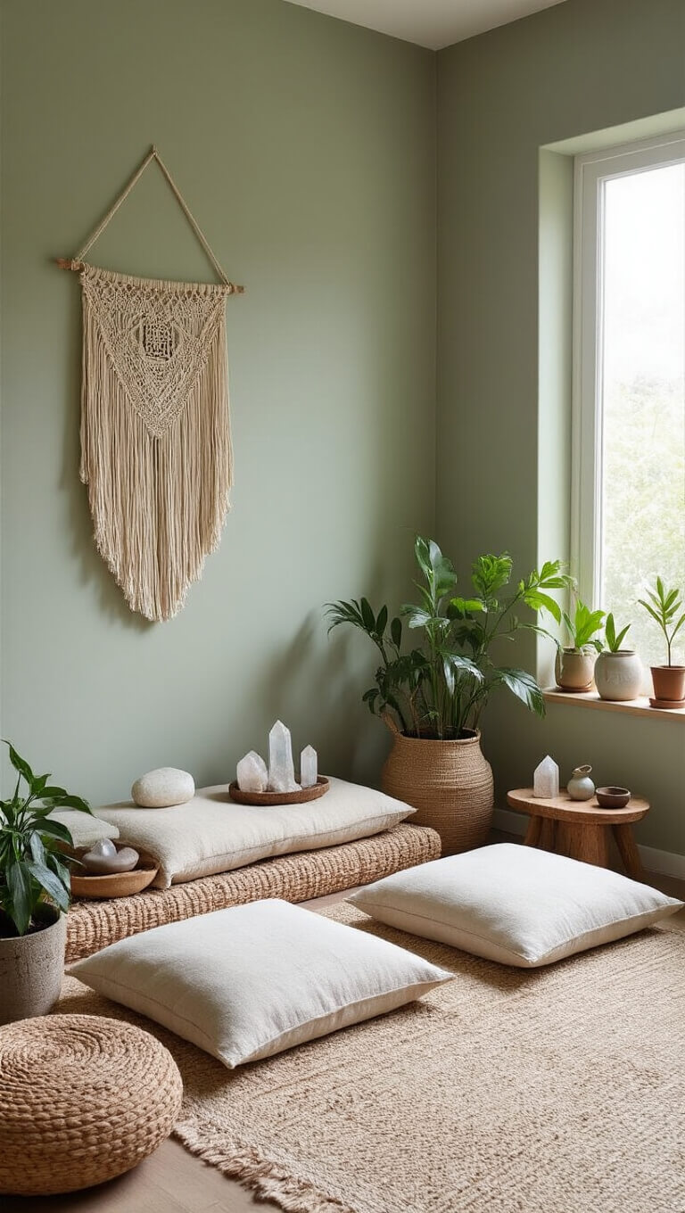 Minimalist boho meditation corner with floor cushions, crystals, potted plants, and macramé wall hanging against sage green walls.