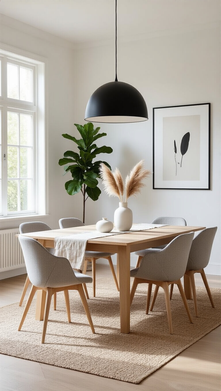 Sunlit Scandinavian dining room with pale oak table, grey Hans Wegner-style chairs, jute rug, pendant light, and fiddle leaf fig in natural afternoon light.