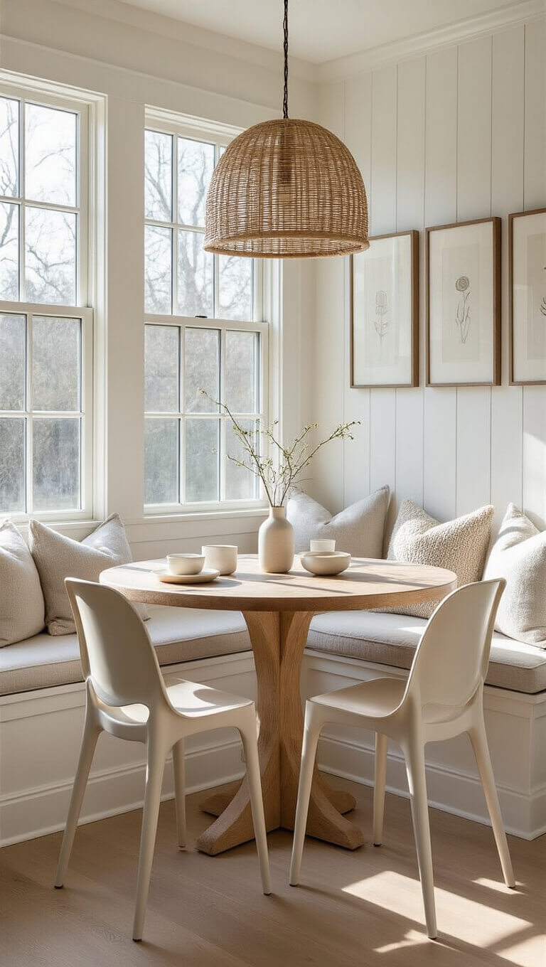 Cozy breakfast nook with window bench, round ash table, cream chairs, rattan pendant, and soft morning light.
