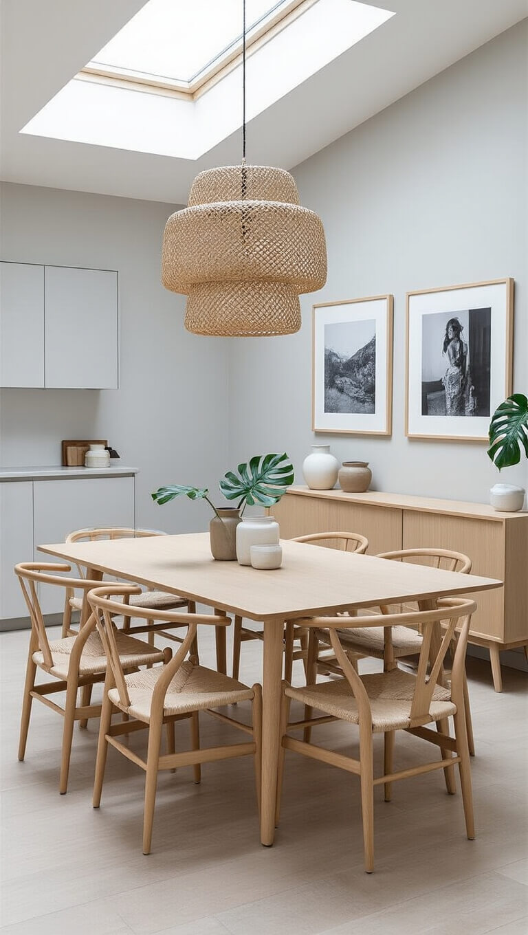 Scandinavian open-concept dining area with pale oak table, mixed chairs, woven pendant lights, and minimal gallery wall in soft overcast lighting.