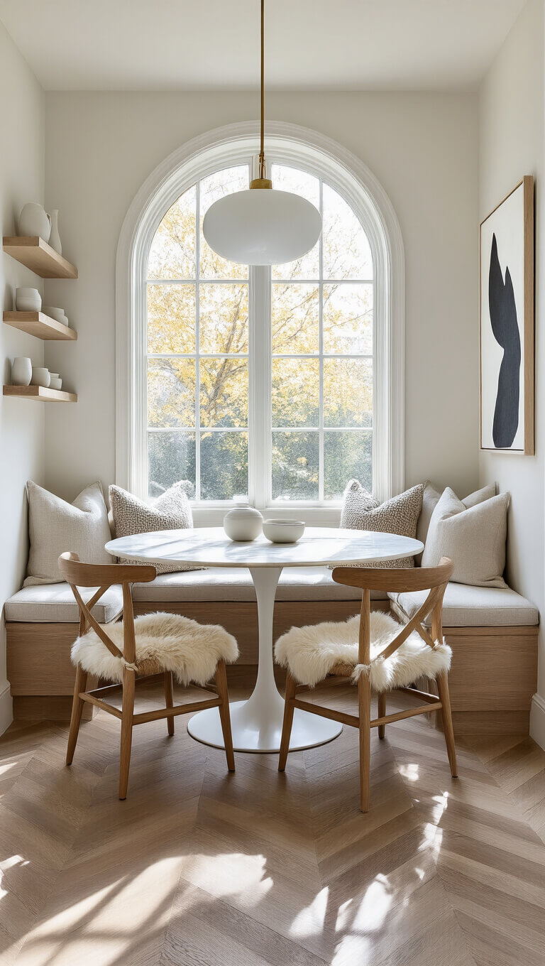 Cozy 10x12ft dining nook with arch window, marble tulip table, sheepskin-covered chairs, built-in bench with neutral cushions, herringbone oak floors, brass pendant light, and minimal ceramic decor.