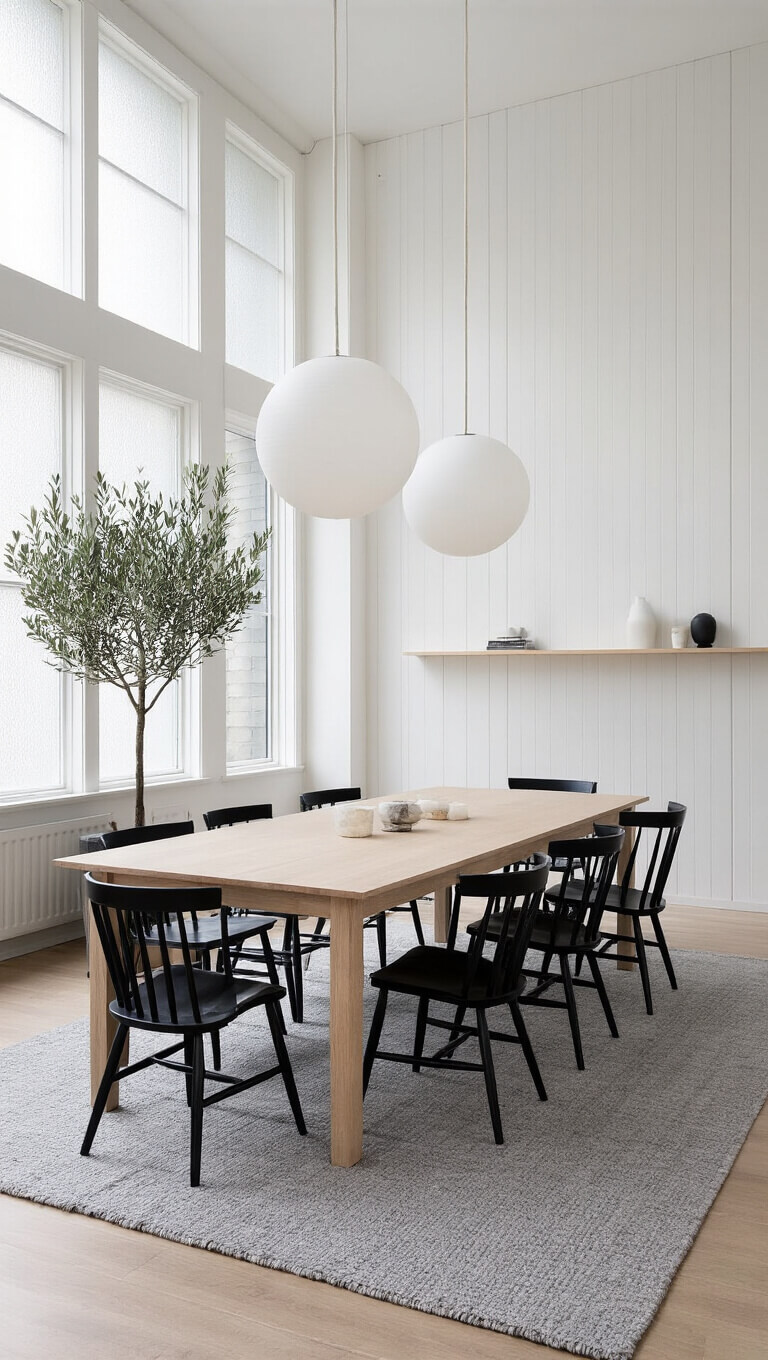 Contemporary Scandinavian dining room with tall white slatted walls, pale ash table, black Windsor chairs, white globe pendants, and natural light from frosted clerestory windows.