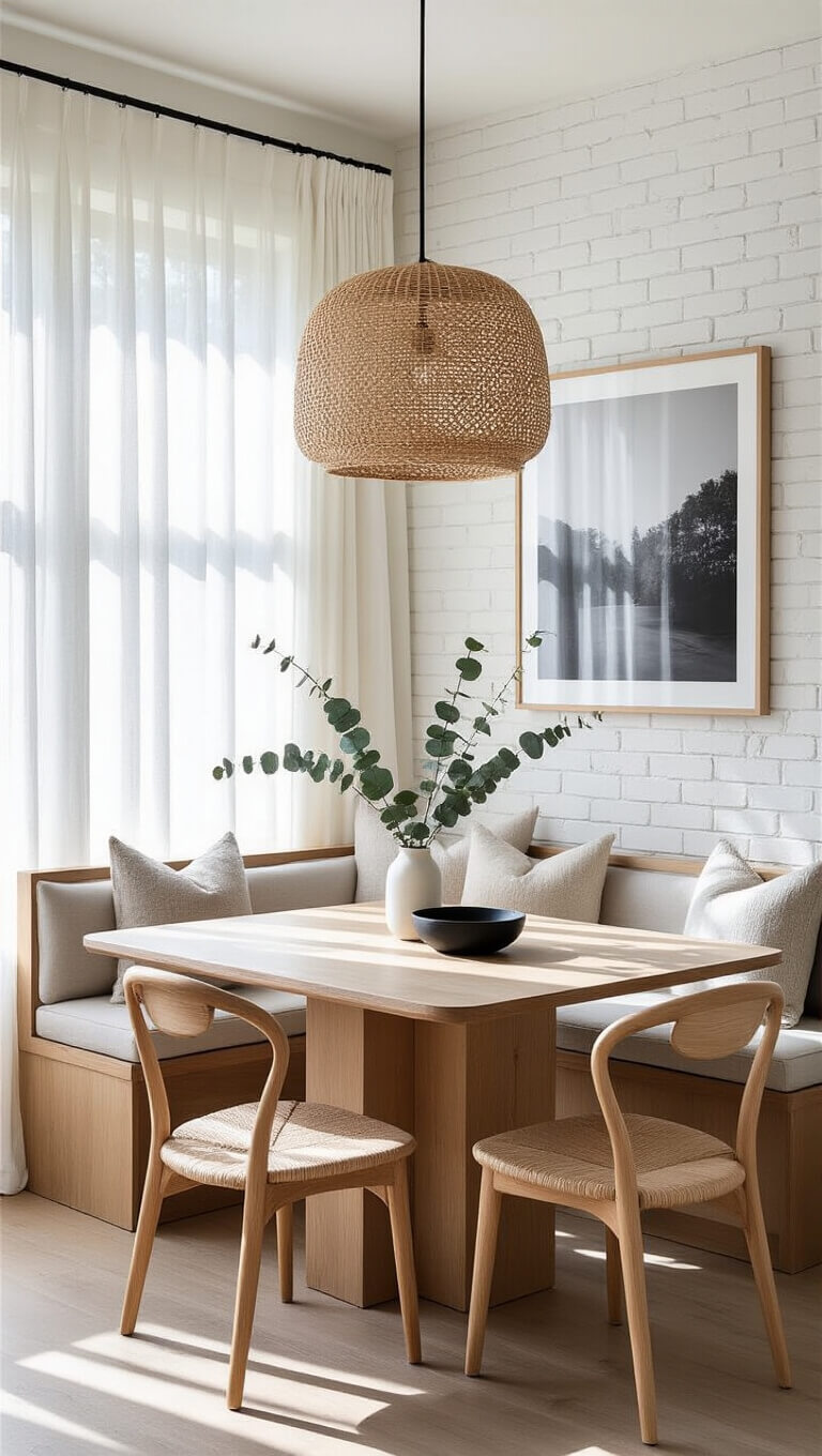 Minimalist breakfast nook with oak waterfall table, curved plywood chairs, rattan pendant, corner banquette, and morning light casting shadows through sheer curtains.