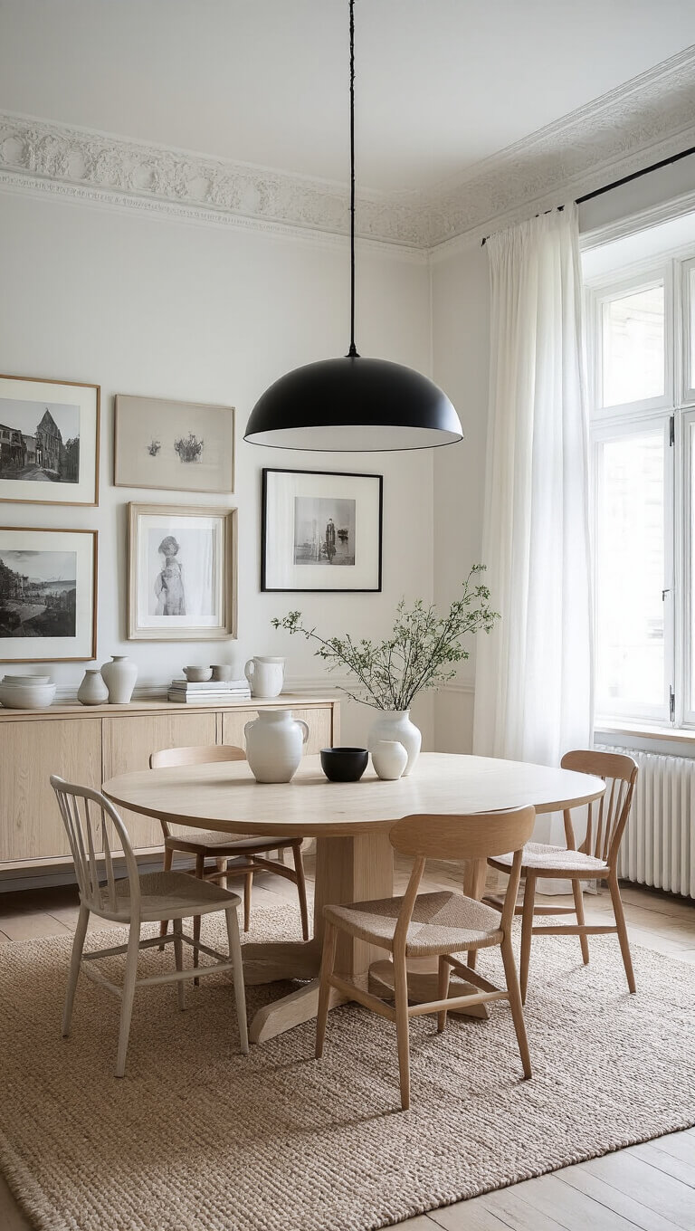 Scandinavian dining room with oval ash table, mixed Danish modern chairs, matte black pendant, white walls with gallery art, vintage sideboard, and natural fiber rug in afternoon light.
