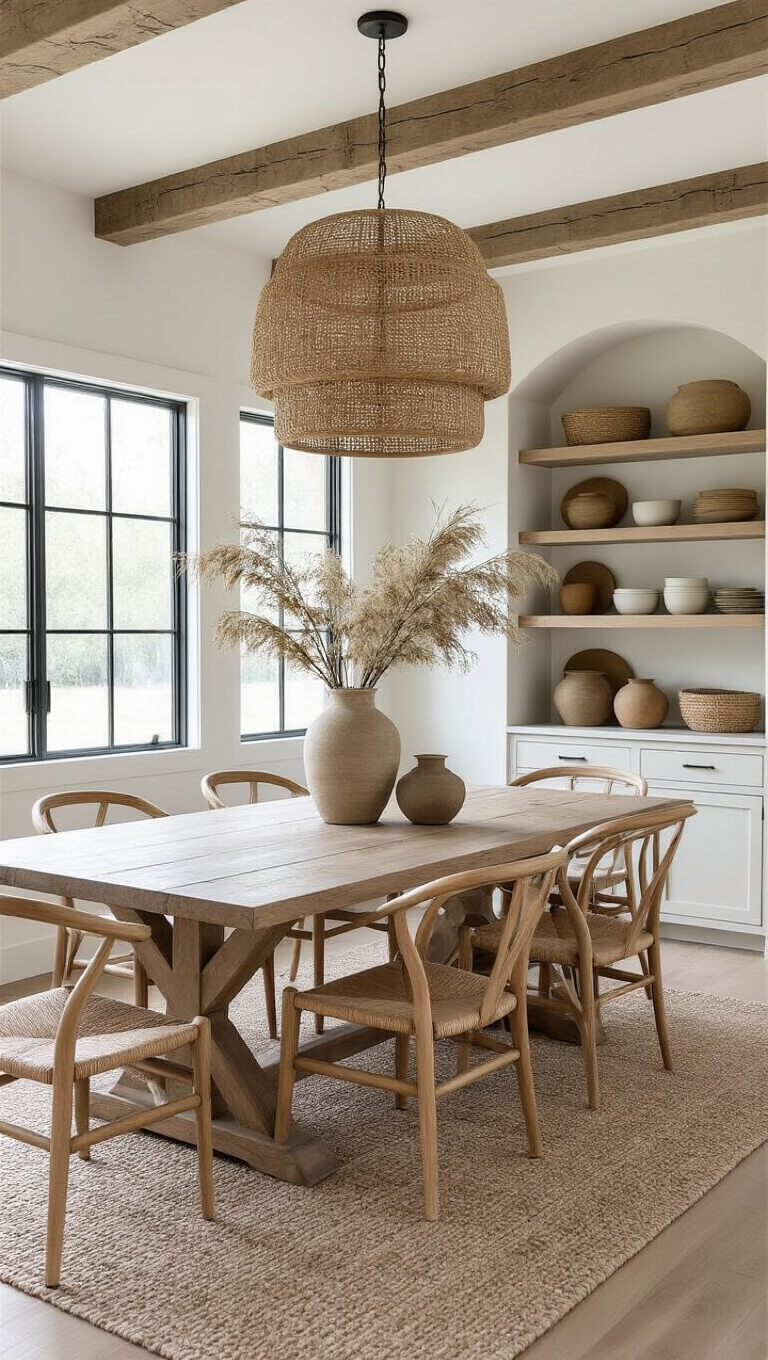 Modern farmhouse-Scandinavian dining room with oak trestle table, greige chairs, shiplap and grasscloth walls, exposed beams, steel windows, large woven pendant, and built-in china cabinet with stoneware.