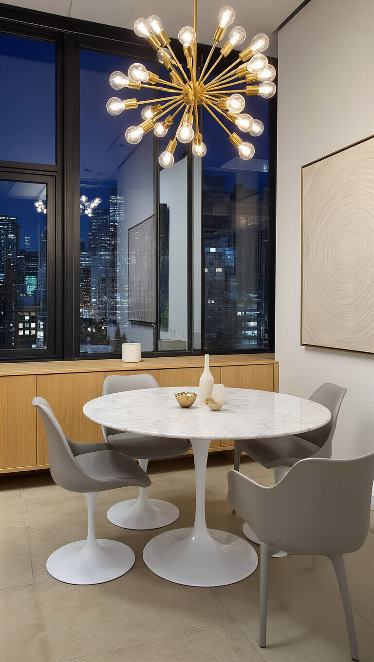 Compact urban dining area with round marble table, pale grey chairs, brass sputnik chandelier, floor-to-ceiling mirrors, and city lights visible through large windows.
