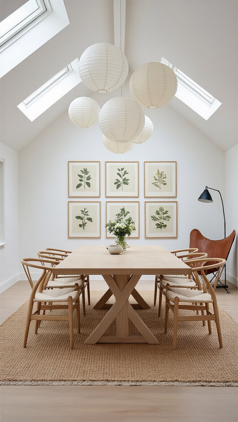 Scandinavian dining room with vaulted ceiling, pale oak table, wishbone chairs, paper lanterns, vintage botanical prints, and corner reading nook with butterfly chair.