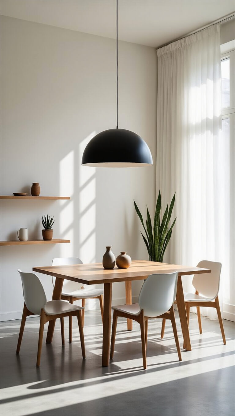 Minimalist dining room with teak table, white chairs, black dome pendant, concrete floors, dawn light casting shadows, and a large window with floor-to-ceiling curtains.
