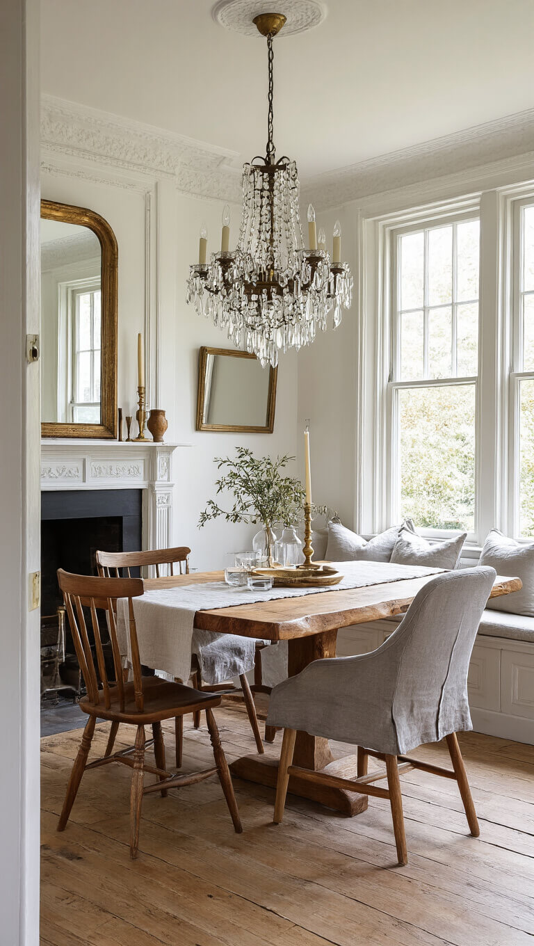 Hygge-inspired dining room with oak live edge table, mixed grey chairs, vintage chandelier, bay windows, and built-in window seat with linen cushions.
