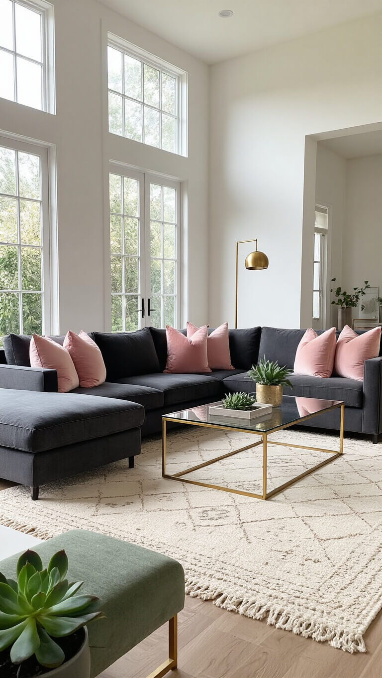 Contemporary sunlit living room with charcoal grey sectional, cream Moroccan rug, glass-top coffee table, and floor-to-ceiling windows.