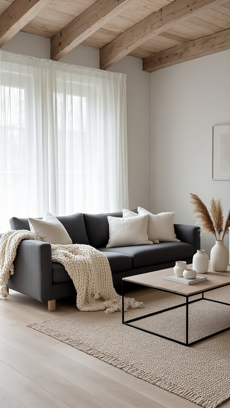 Scandinavian-style cozy living room with dark grey sofa, light oak floors, sheer curtains, and minimalist decor in natural tones.