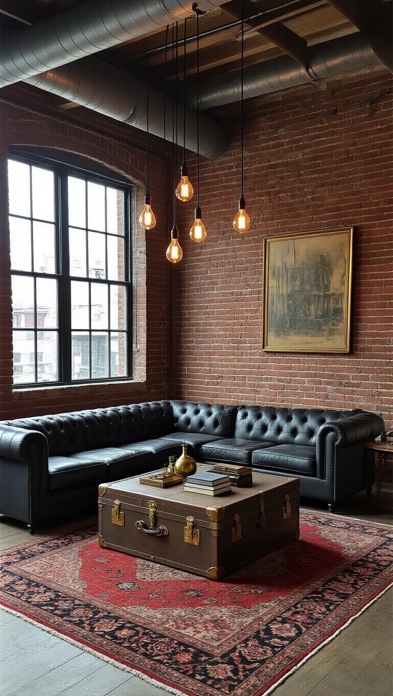 Industrial chic loft with exposed brick walls, metal ductwork, dark grey leather sofa, vintage trunk coffee table, distressed Persian rug, and Edison bulb pendant lights in warm golden hour lighting.