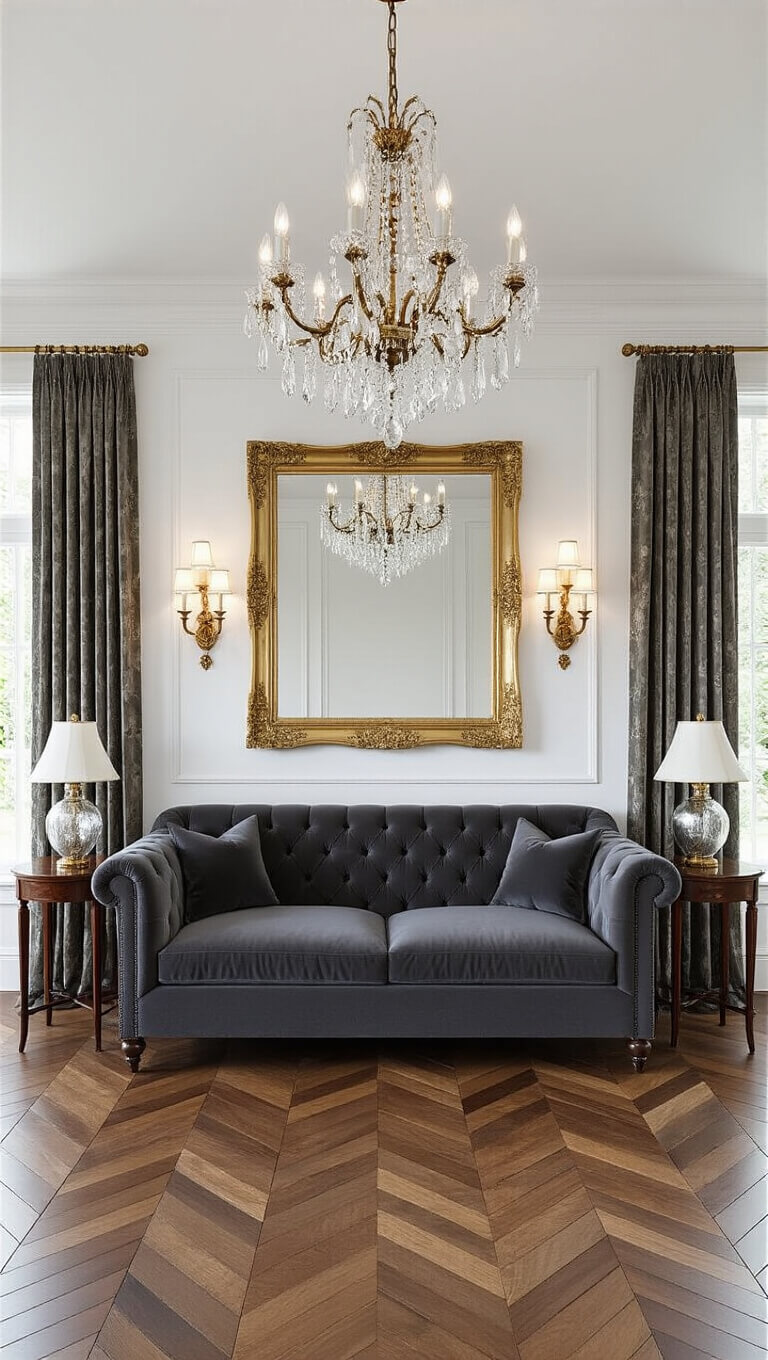 Formal living room with dark grey tufted sofa, gold mirror, crystal chandelier, and herringbone wood floors, styled symmetrically.
