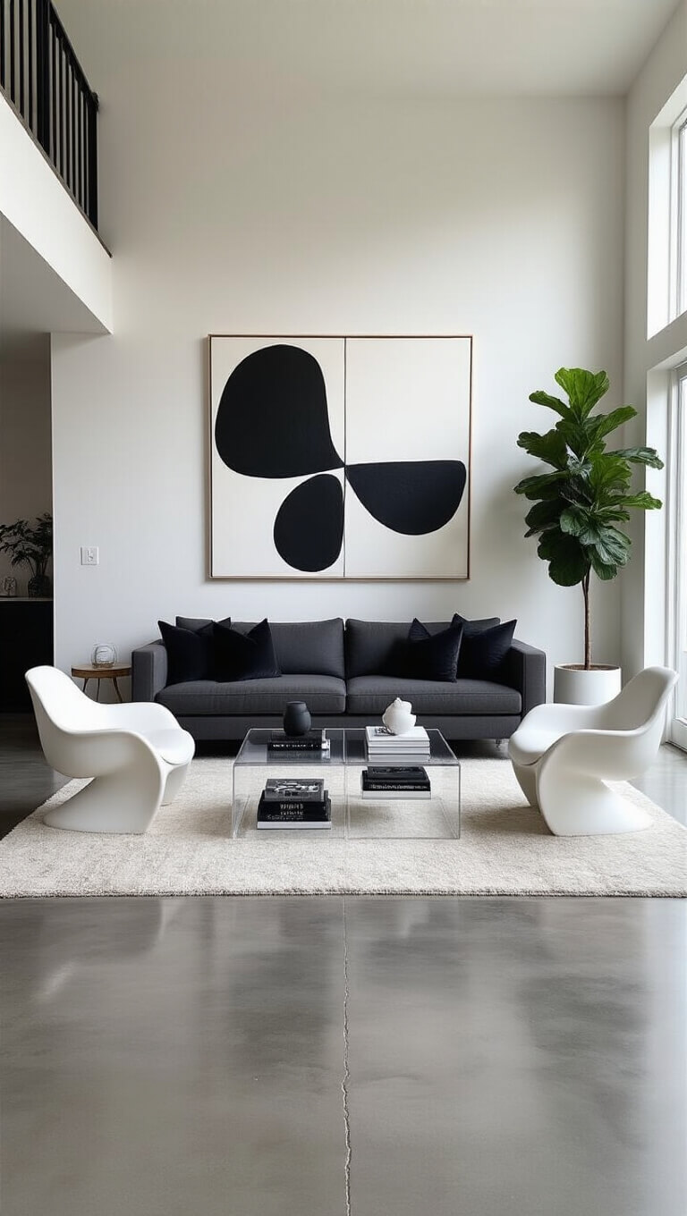 Modern minimalist open-concept room with dark grey sofa, white accent chairs, acrylic coffee table, large abstract artwork, and fiddle leaf fig tree.