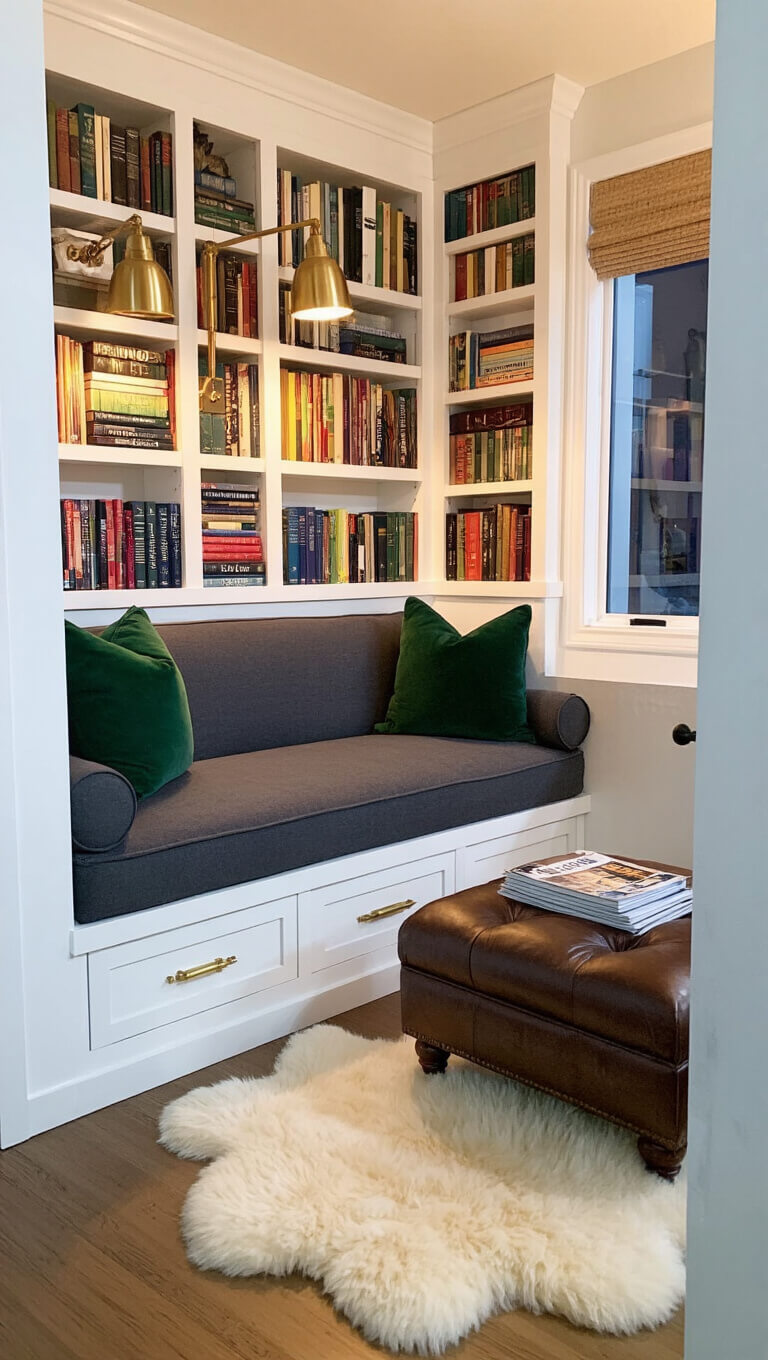 Cozy 14x16ft reading nook with dark grey loveseat, white built-in bookshelves filled with color-coded books, brass library lights, sheepskin rug, leather ottoman, emerald green pillows, and warm evening light through window seat.
