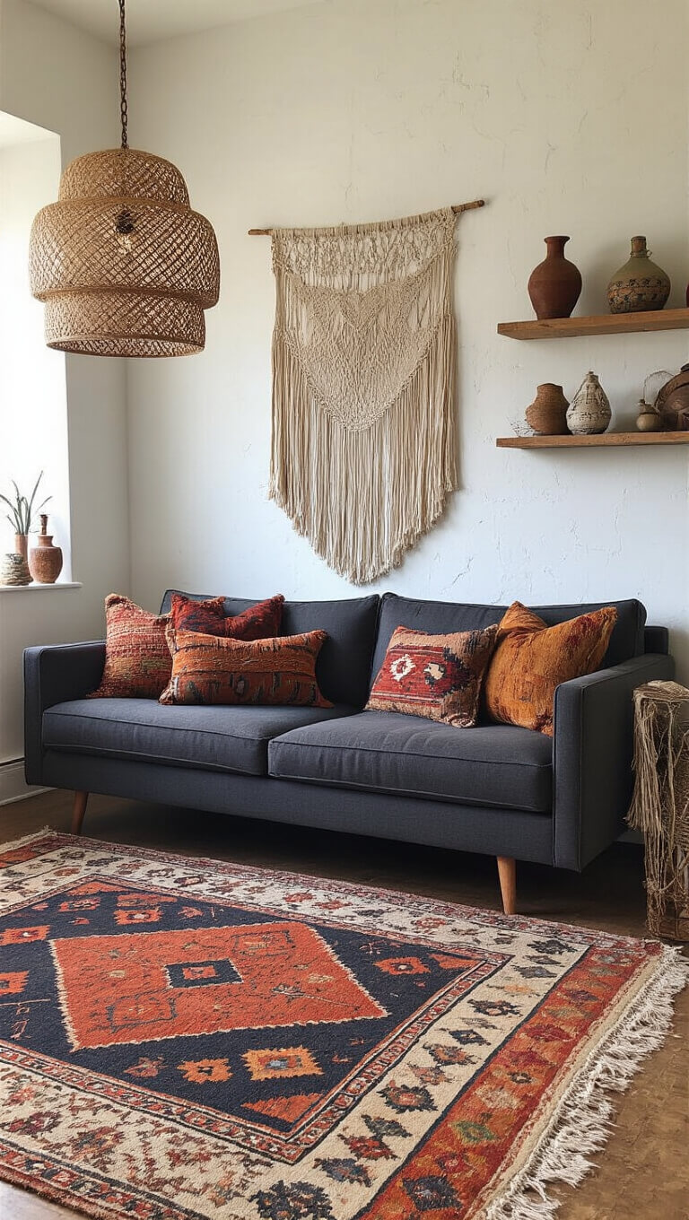 Bohemian 17x19ft room with dark grey sofa, kilim pillows, layered vintage rugs, rattan pendant light, macramé wall hanging, and global artifacts on floating shelves, bathed in natural light.