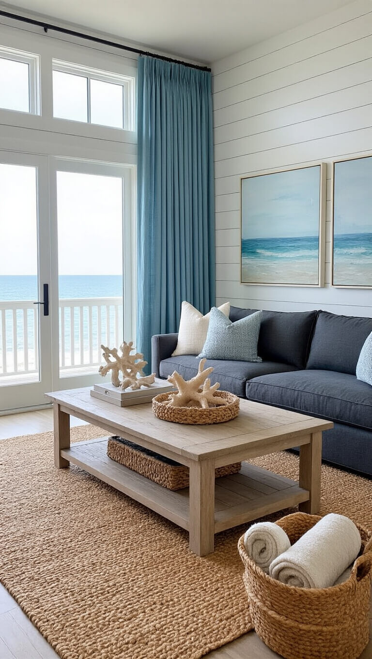 Coastal living room with dark grey sofa, jute rug, whitewashed coffee table, blue-grey curtains, ocean view, and maritime decor in bright morning light.