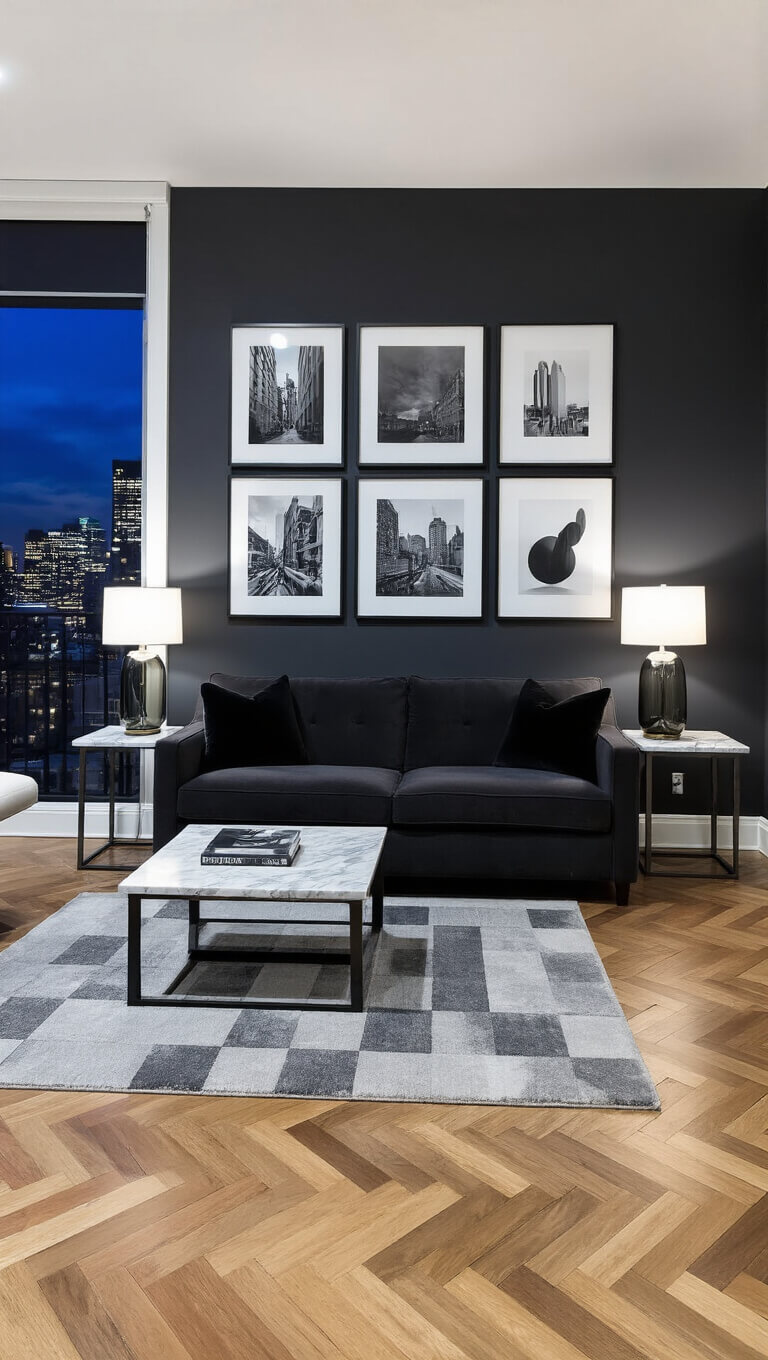 Sophisticated 16x18ft urban living room with dark grey tuxedo sofa, charcoal accent wall, black and white photo gallery, marble side tables with smokey lamps, geometric grey rug, and evening city lights streaming in.