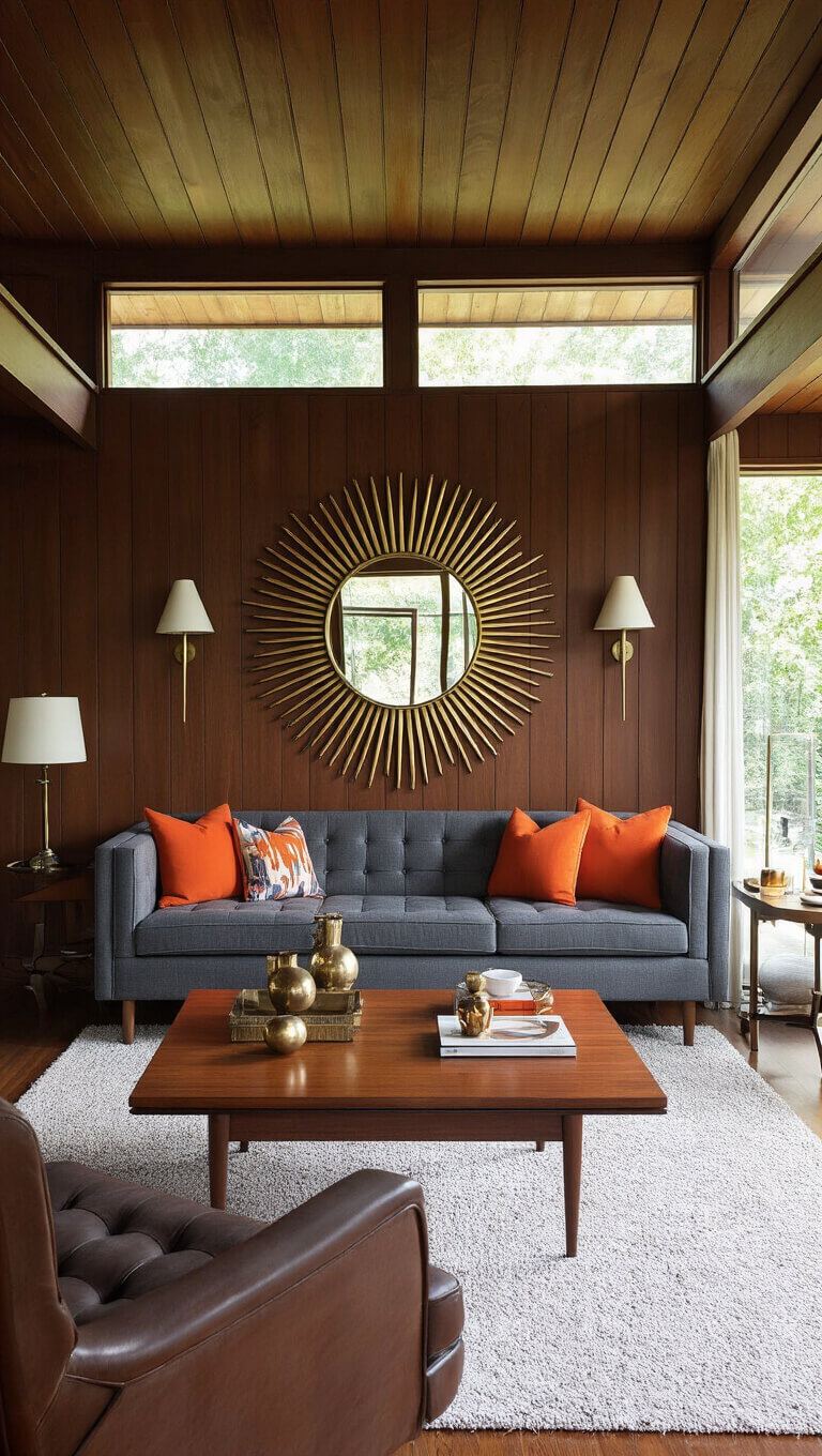 Mid-century modern 20x22ft room with walnut paneling, dark grey tufted sofa, leather lounger, sunburst mirror, cone sconces, teak coffee table, orange pillows, and warm light from clerestory windows.