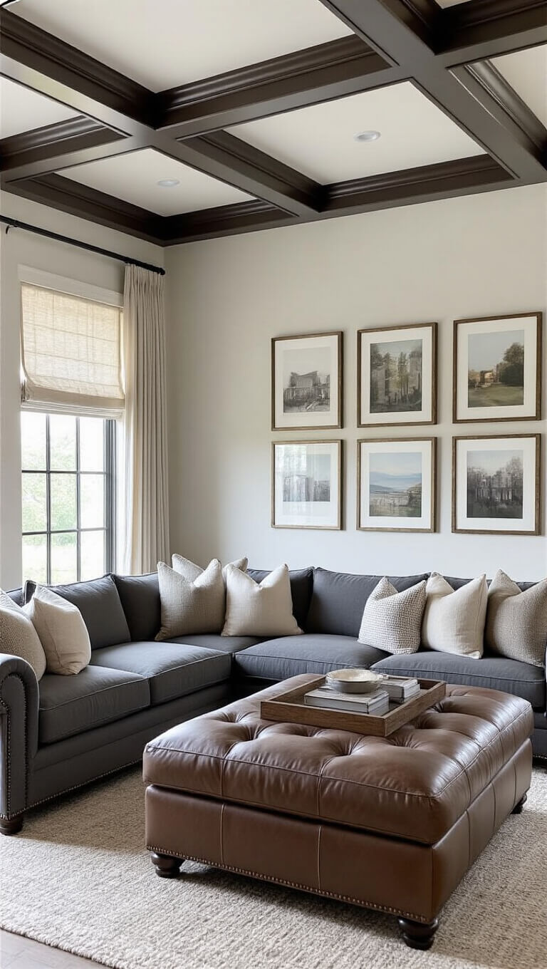 Transitional family room with coffered ceiling, dark grey roll arm sofa, leather ottoman, mixed metal accents, and soft natural lighting.