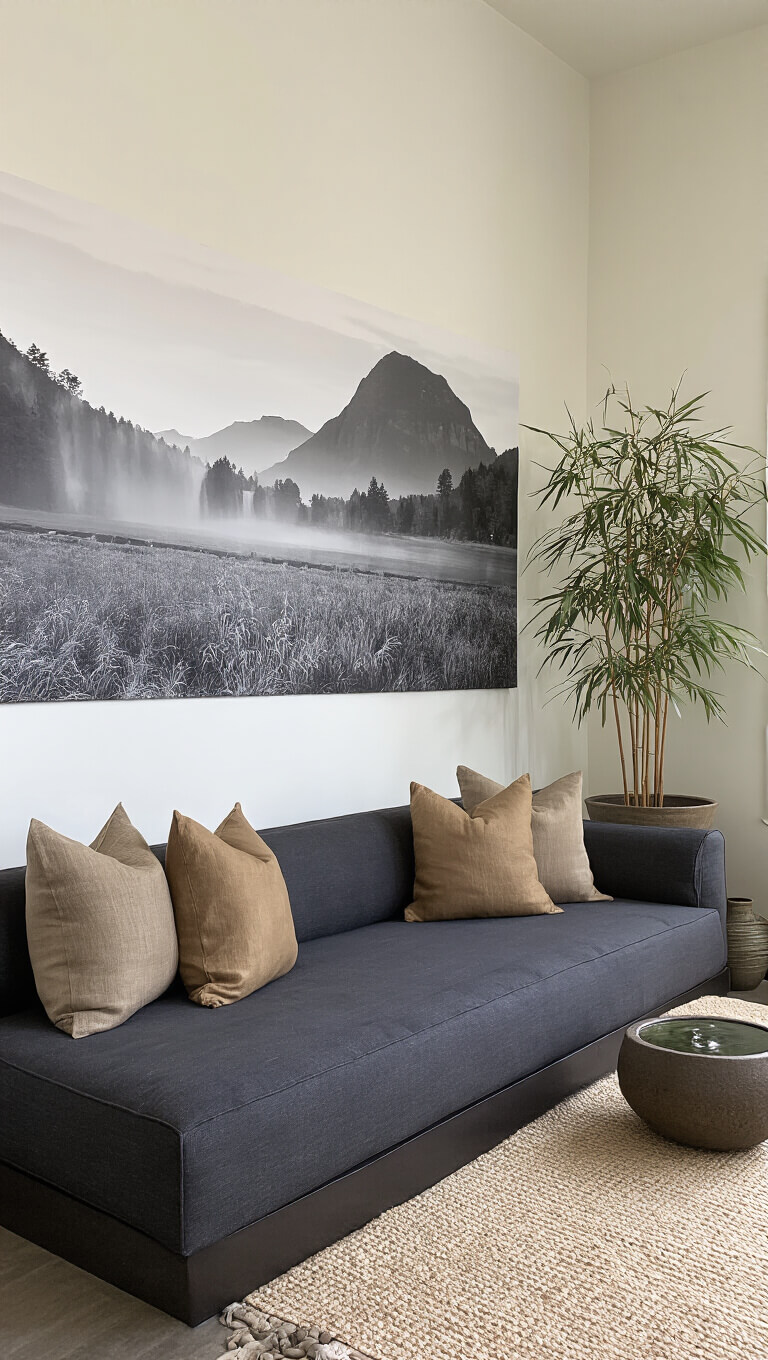 Zen-inspired meditation room with low-profile dark grey sofa, earthy silk pillows, black and white nature photography, stone water feature, bamboo in ceramic planters, and soft morning light.
