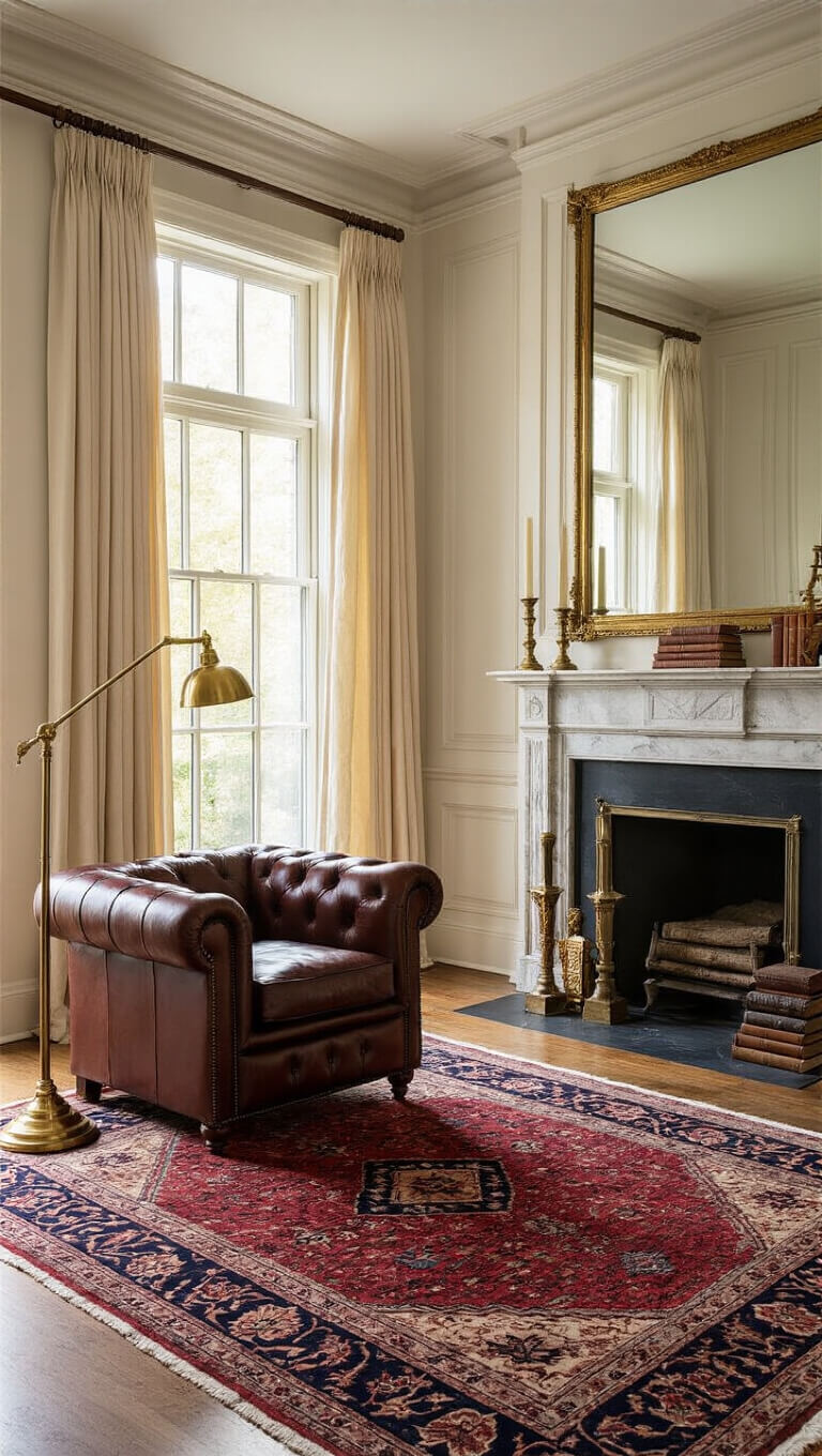 Elegant sunlit living room with high ceilings, mahogany leather armchair, Persian rug, and marble fireplace framed by tall cream drapes and gilt mirror.