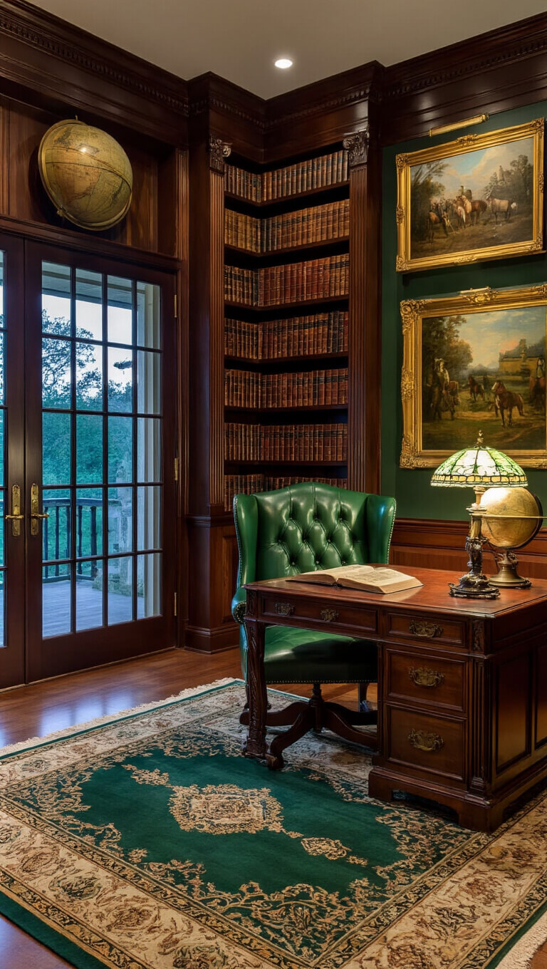 Elegant master study with dark walnut bookcases, green leather wingback chair, mahogany desk, Tiffany lamp, and vintage decor in dusk lighting.