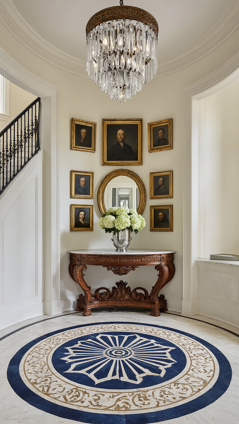 Elegant foyer with marble floor, circular navy and cream rug, crystal pendant light, carved wood console, brass mirror, hydrangeas in silver vase, and family portraits on curved staircase wall.