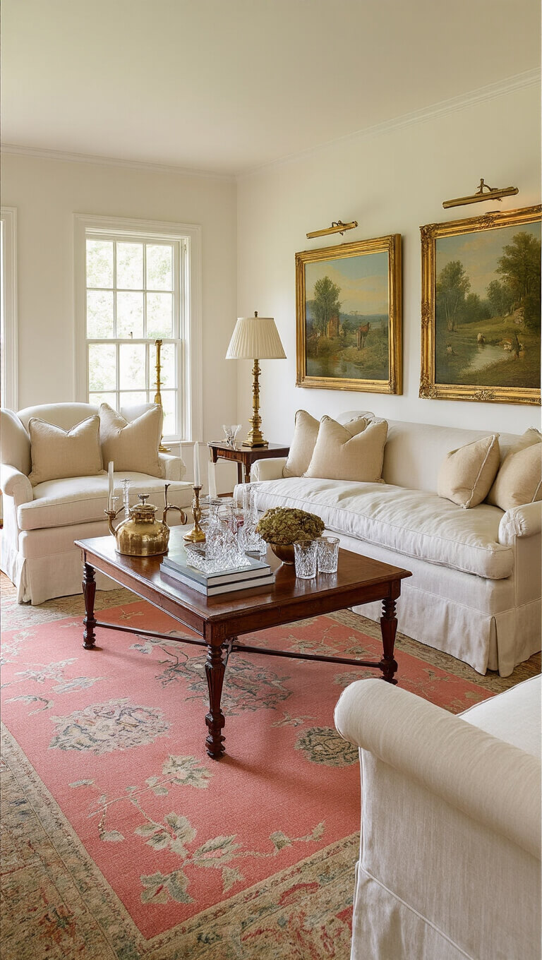 Elegant sitting room with cream skirted sofa, matching wingback chairs, mahogany coffee table, and coral Aubusson rug, lit by vintage brass lamps and afternoon light.