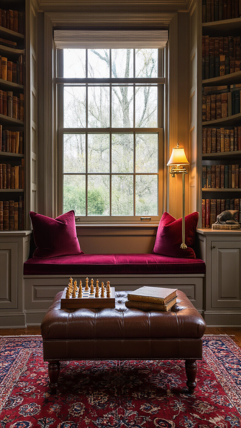 Cozy library nook with built-in window seat, velvet cushions, bookshelves, antique chess set, and moody natural light on a rainy afternoon.
