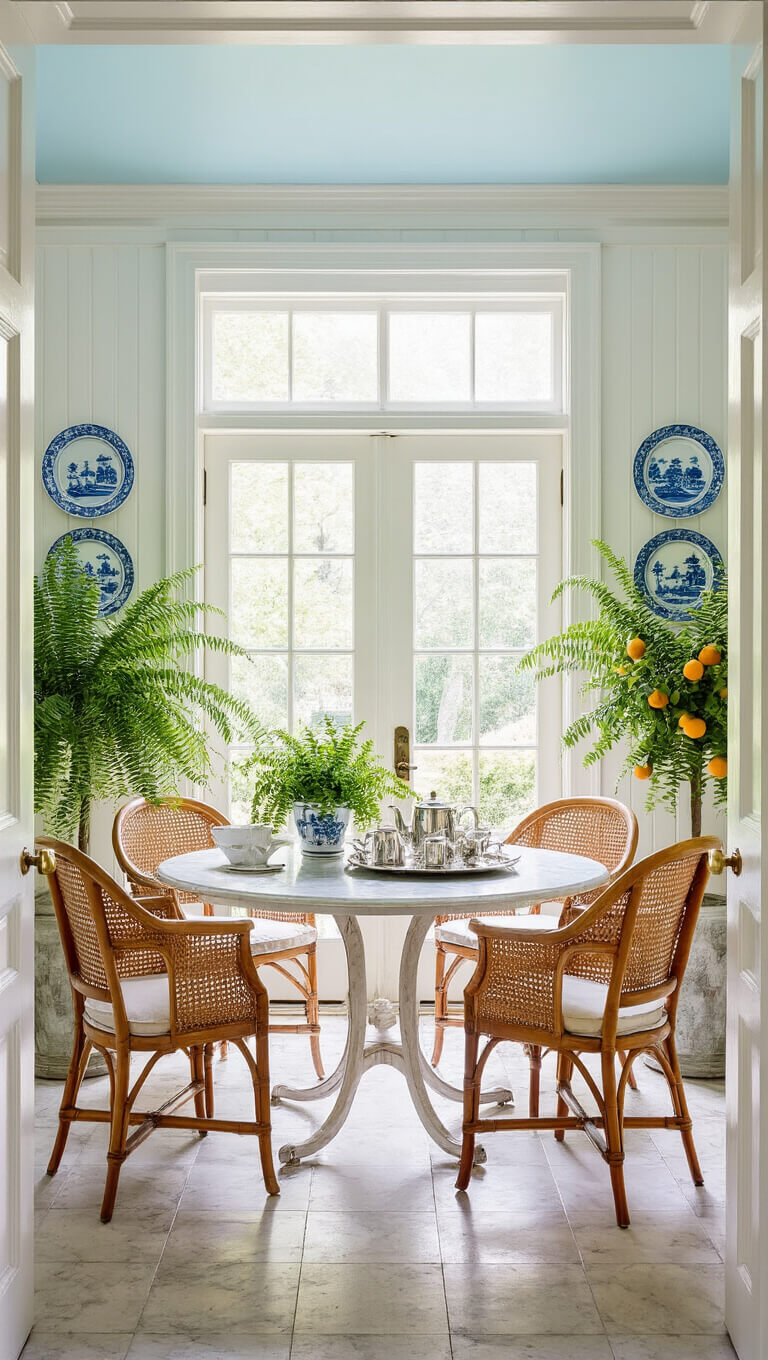 Bright morning room with white paneled walls, pale blue ceiling, and French doors to garden; cane-backed chairs around marble breakfast table, silver tea service on butler's tray, potted ferns and citrus trees, and Delft plates on display.