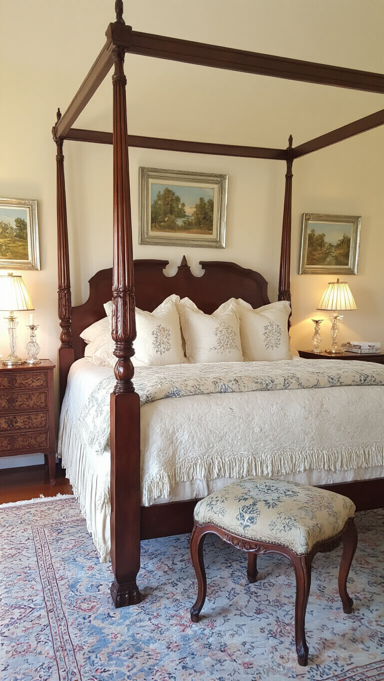 Elegant guest bedroom at golden hour with four-poster mahogany bed, cream linens, antique chairs, crystal lamps, and soft blue Persian rug.