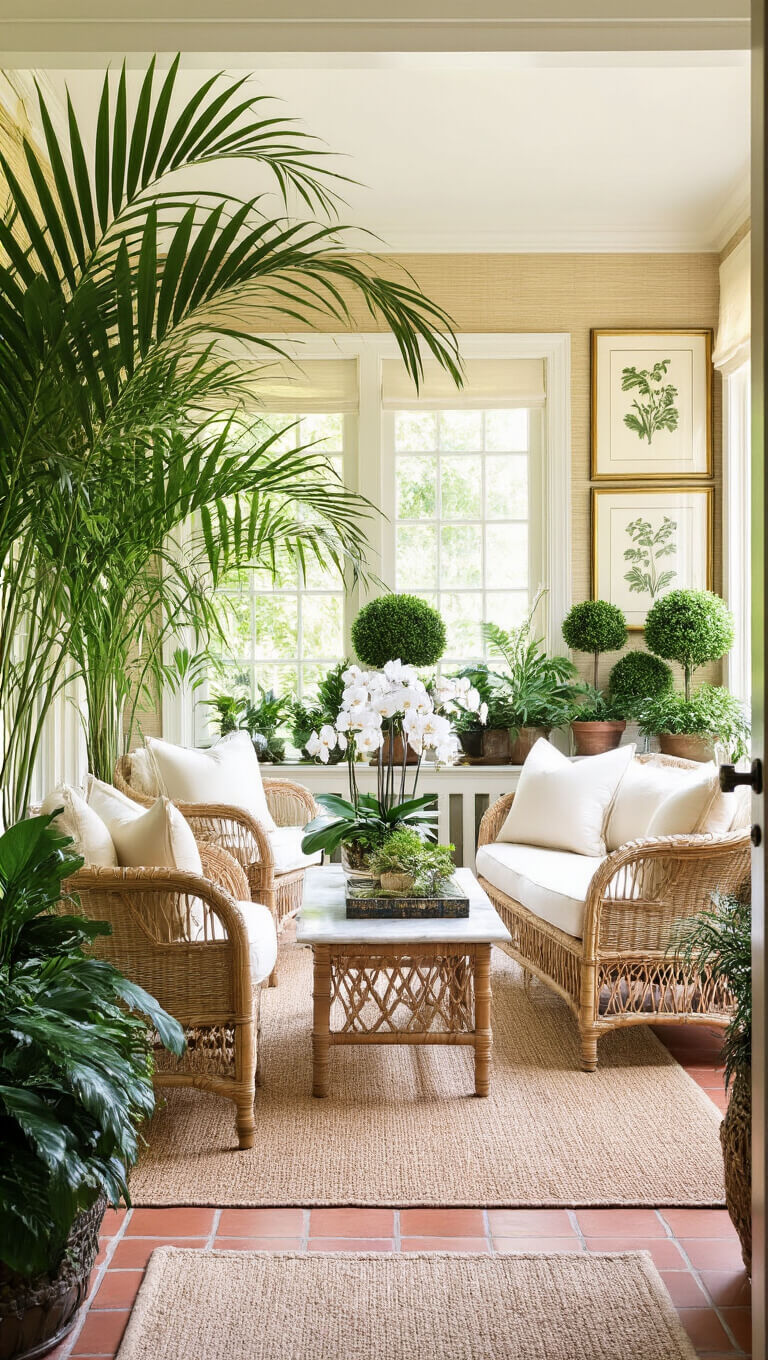 Refined tropical garden room with rattan furniture, cream cushions, potted palms, orchids on marble stand, and botanical prints on grasscloth walls.