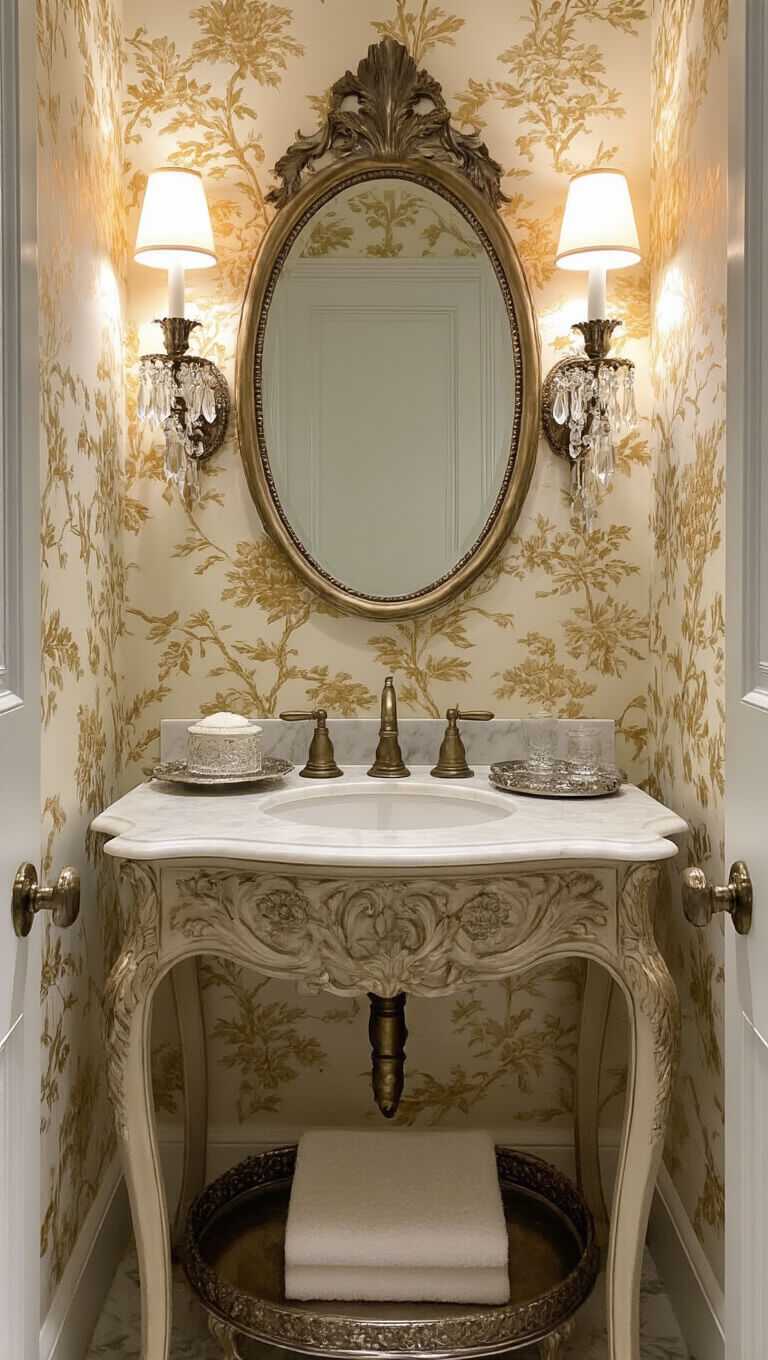 Elegant powder room with marble vanity, antique brass fixtures, cream and gold Chinoiserie wallpaper, oval mirror, crystal sconces, and silver accessories on vintage tray.