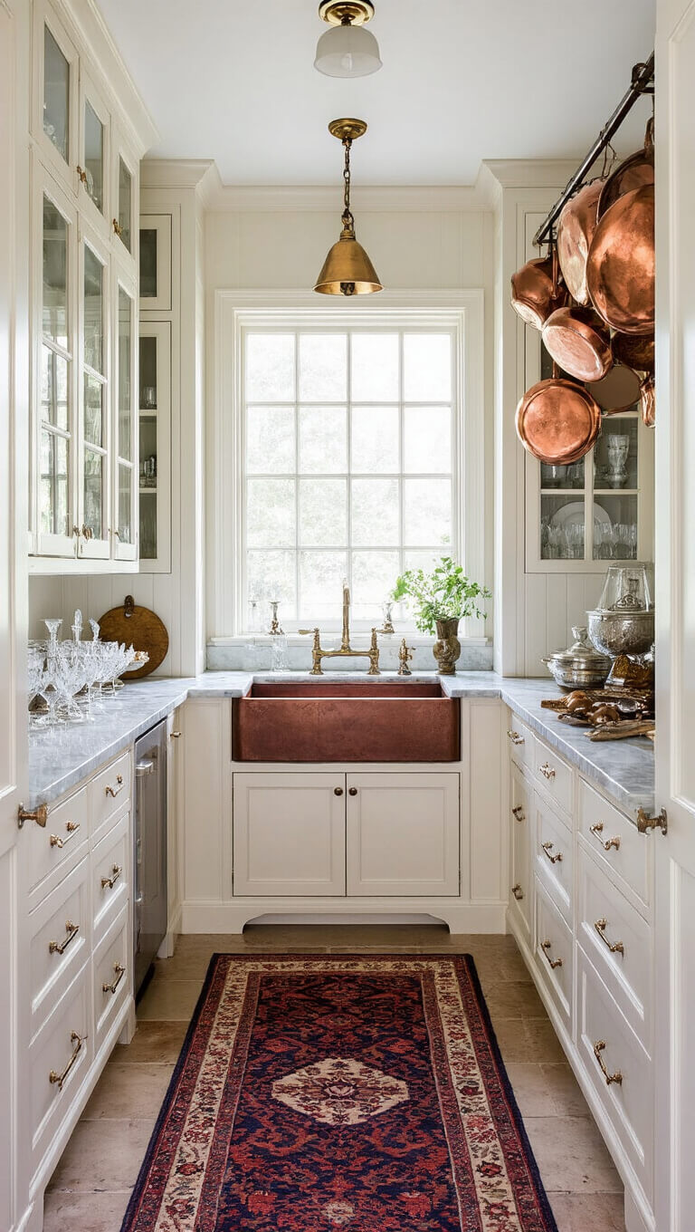 Butler's pantry with glass-fronted cabinets, marble counters, copper sink, and antique copper pots, lit by morning light and under-cabinet lighting.