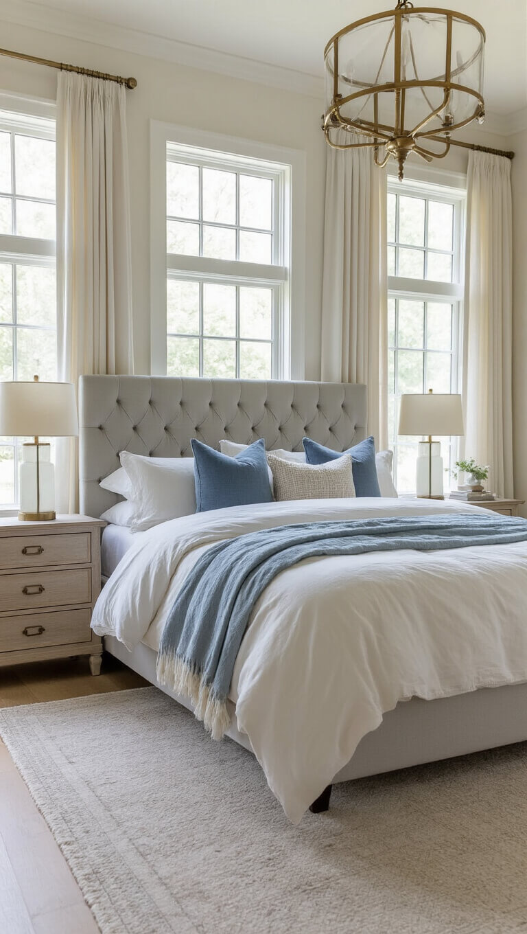 Transitional 14x16ft bedroom with pearl-gray tufted king bed, weathered oak nightstands, brass chandelier, and soft natural morning light through sheer drapes.