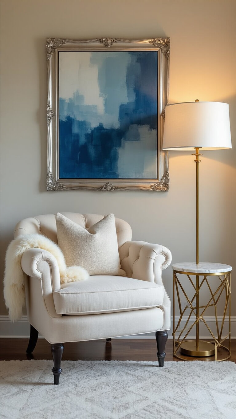 Golden hour light bathes a transitional bedroom corner with a plush cream armchair, sheepskin throw, brass floor lamp, abstract artwork, and marble-topped side table.