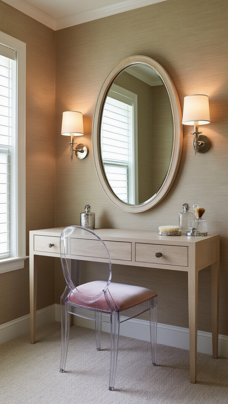 Master bedroom vanity with floating bleached oak console, oval antiqued mirror, grasscloth taupe wallpaper, milk glass sconces, crystal and silver accessories, and Lucite chair with blush velvet cushion at dusk.