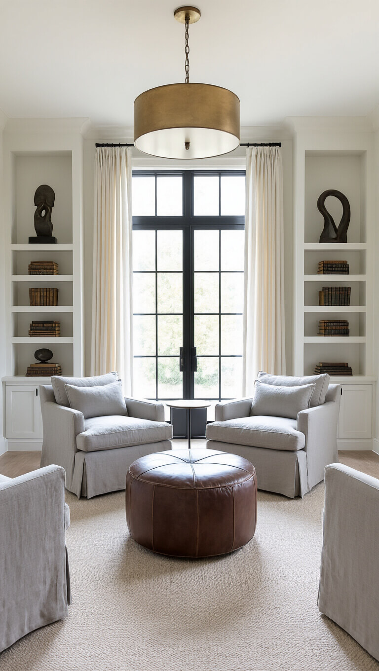 Transitional bedroom sitting area with gray club chairs, leather ottoman, brass pendant light, pearl drapes, steel windows, and built-in bookcases.