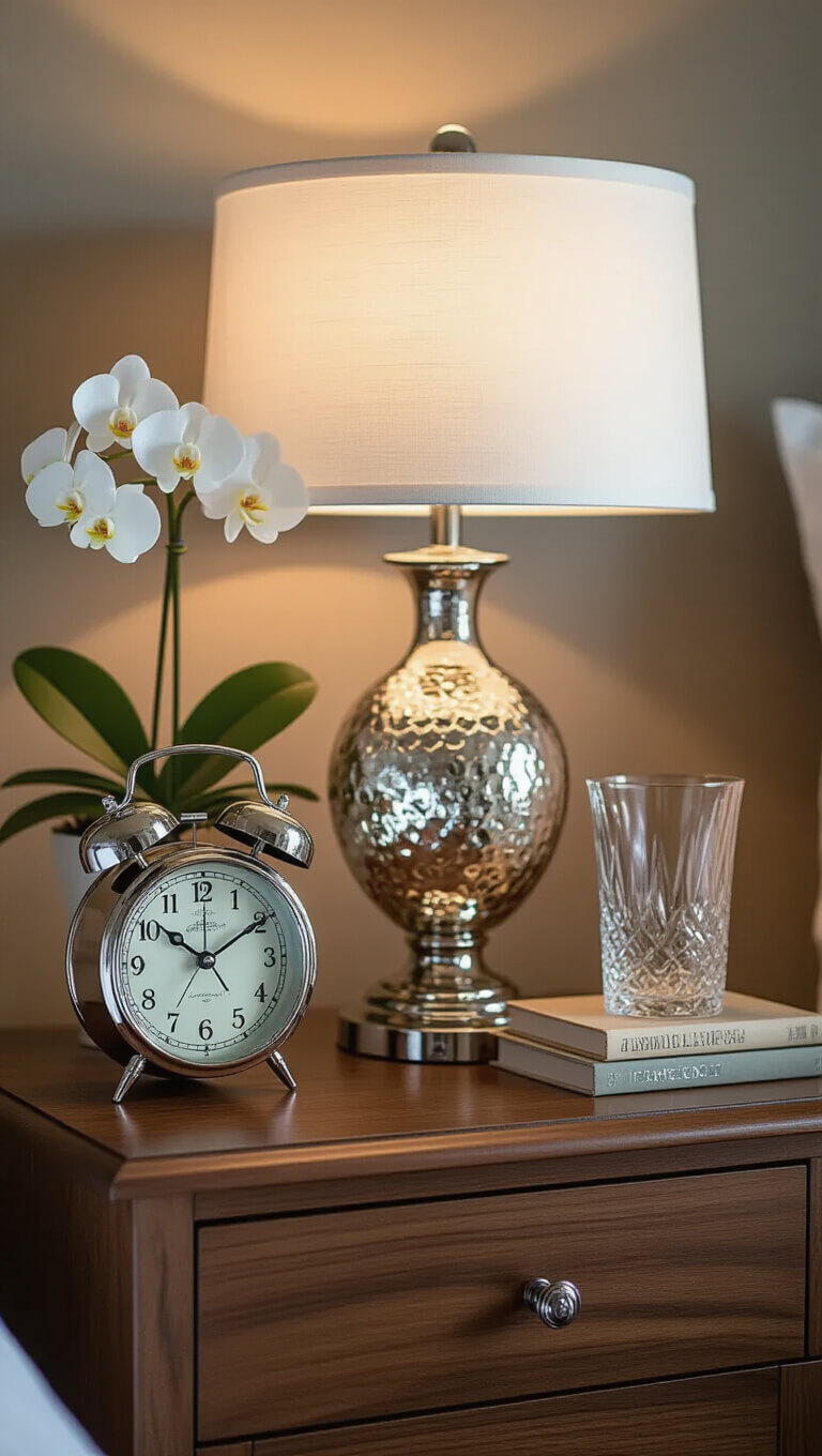 Close-up of elegant nightstand with walnut wood and polished nickel, featuring mercury glass lamp, vintage alarm clock, orchid, metallic art books, and crystal water carafe.