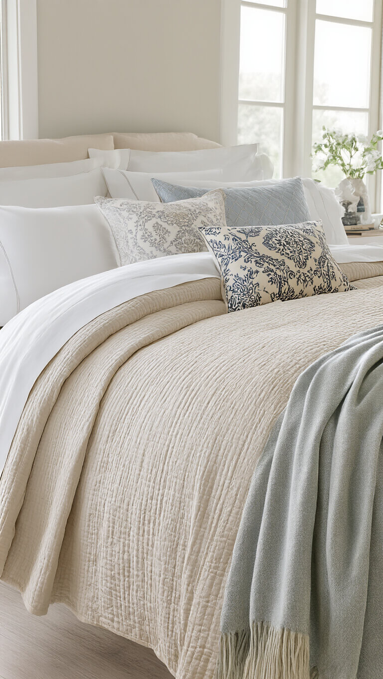 Luxurious layered bedding in neutral tones with white sheets, champagne coverlet, ivory duvet, decorative gray and blue pillows, and pale blue-gray cashmere throw.